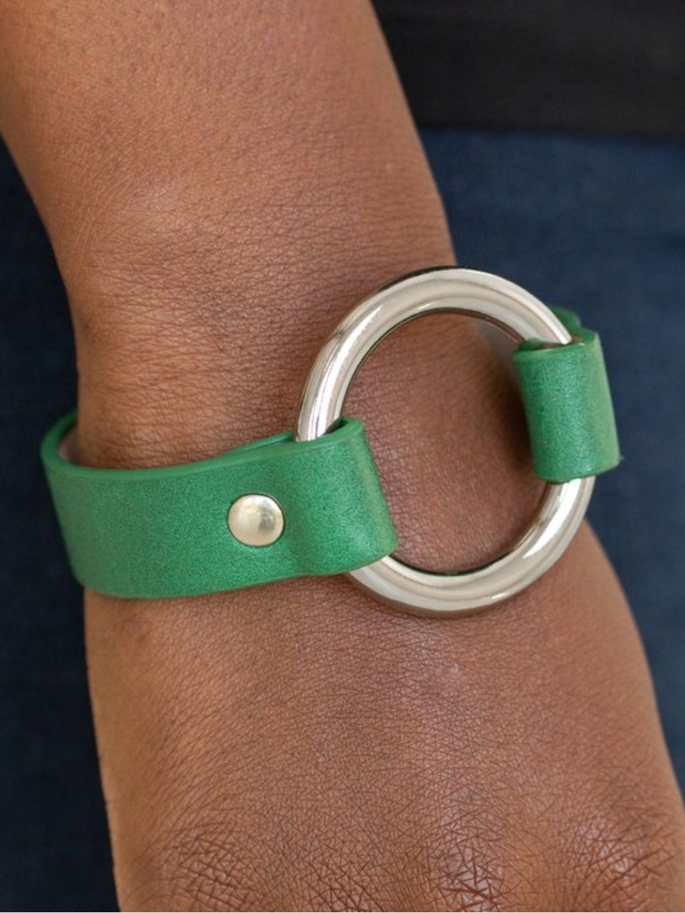 Green Leather Bracelet With Silver Ring